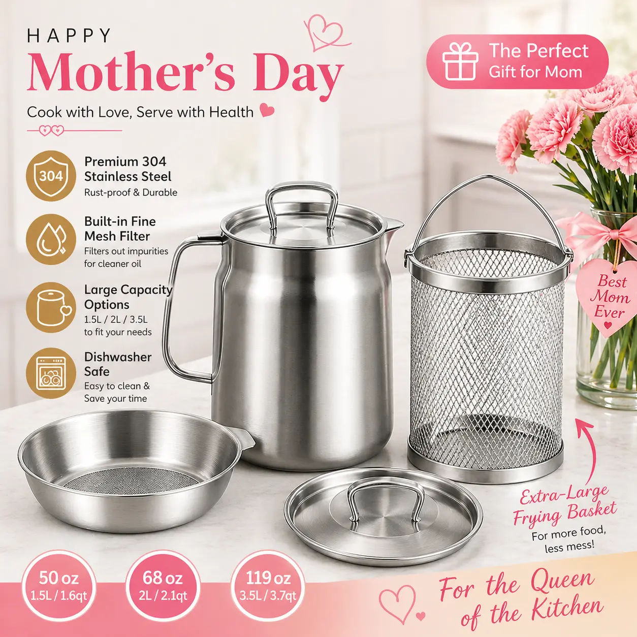 2.0L Stainless Steel 2-in-1 Oil Strainer Pot with Basket & Strainer, Large Capacity Bacon Grease Container for Kitchen Cooking, Camping - Dishwasher Safe
