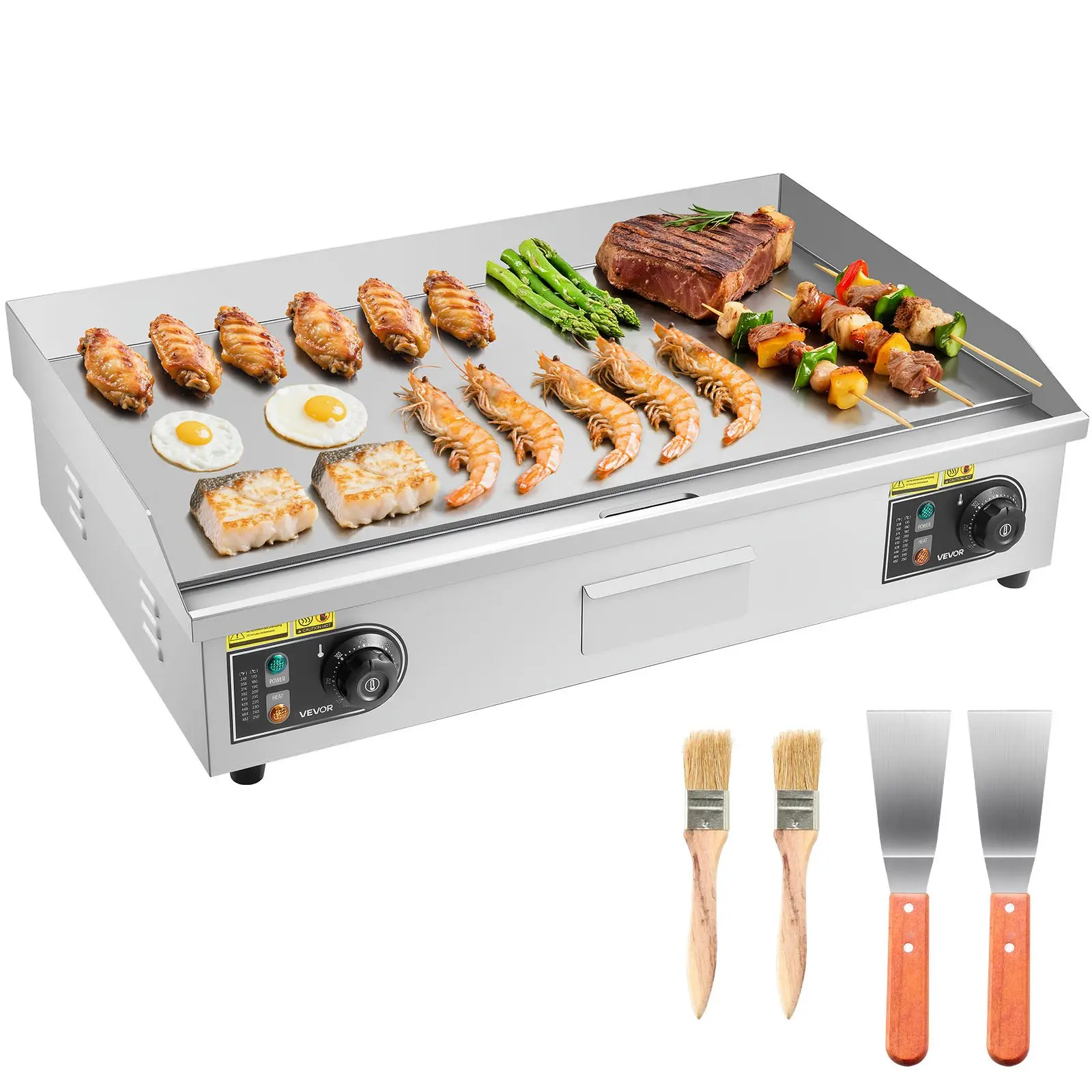 VEVOR Commercial Electric Griddle, 28.54x 15.75 inches, 4400W, 122-570F Adjustable Temp Control, Stainless Steel Body, Half Grooved Half Flat, with 2 Spatulas, 2 Brushes, and 4 Foot Pads, for Steak