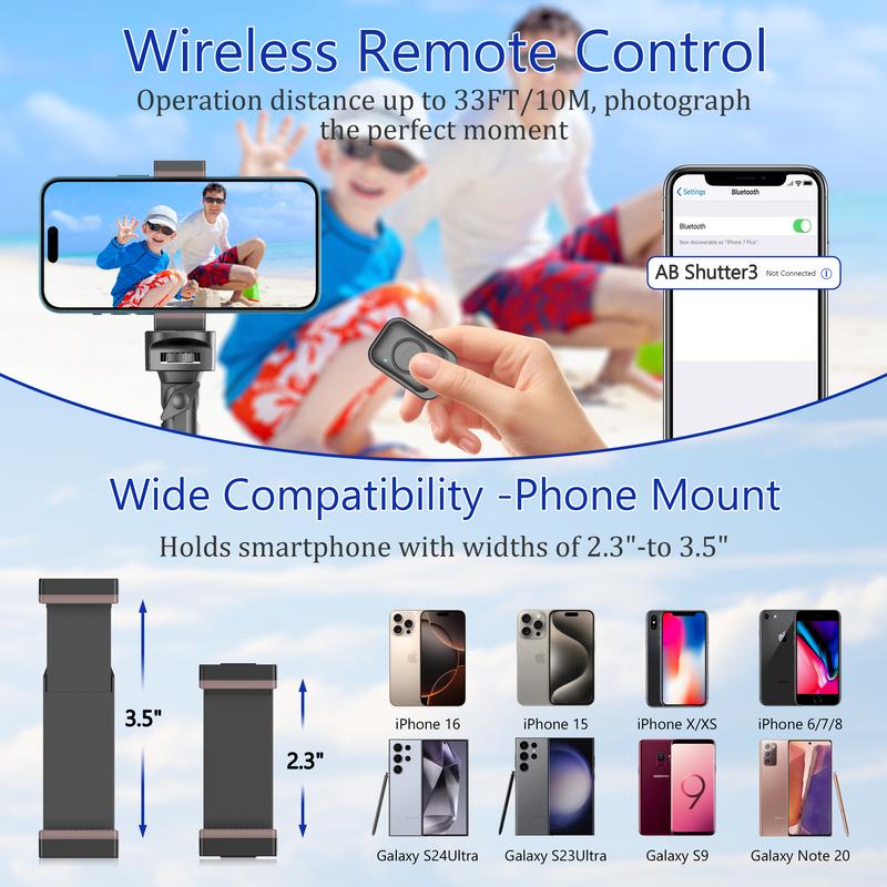 62" Adjustable Bluetooth Selfie Stick Tripod with Wireless Remote and Universal Phone Mount, Compatible with iPhone, Android, Cameras