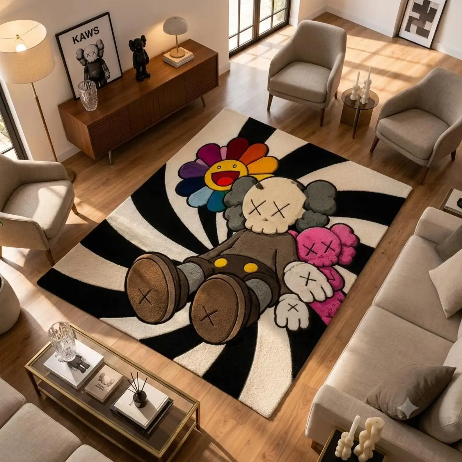 KAWS Inspired Area Rug, Pop Art Anime Carpet for Bedroom, Living Room