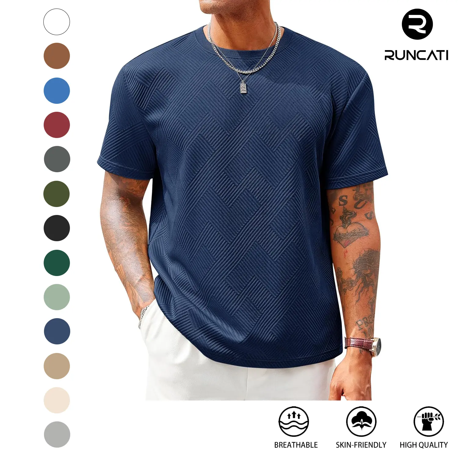 Runcati Men's Casual T-Shirts Short Sleeve Crewneck Summer Stretchy Shirt Textured Jacquard Tops Streetwear Menswear Soft Tshirt Breathable