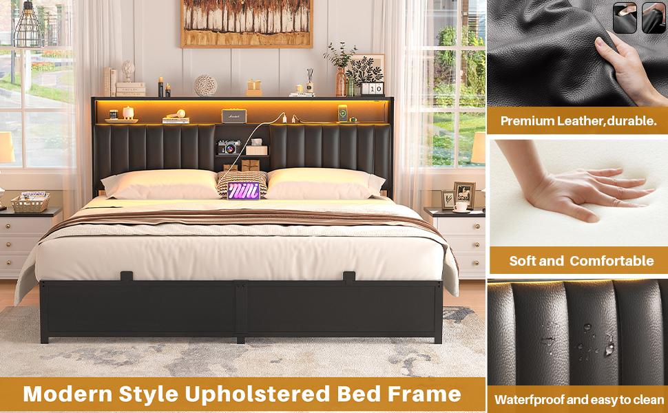 Aheaplus Bed Frame with Charging Station & Led Lights, Platform Bed with Leather Upholstered Headboard and Storage, Metal Slats Support No Box Spring Needed, Noise-Free Easy Assembly, King Size,Queen Size and Full Size to Choose