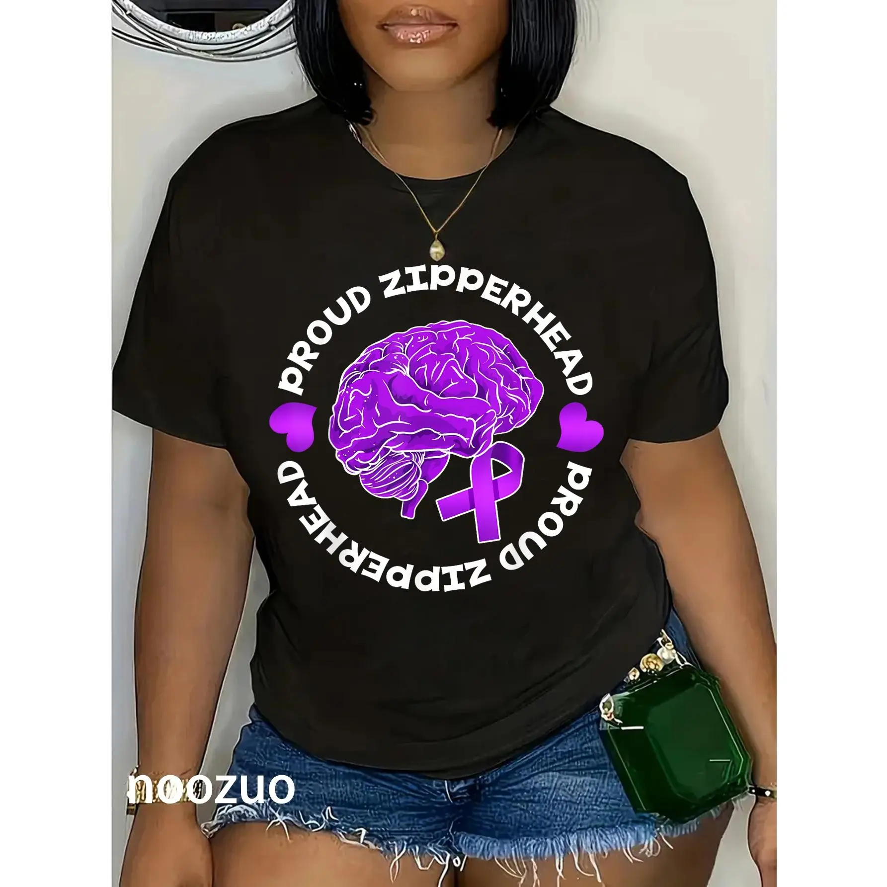 Women's 100% Cotton Casual Round Neck Short-Sleeve Lady T-Shirt, Chiari Malformation Awareness "Proud Zipperhead" Quote Streetwear Top