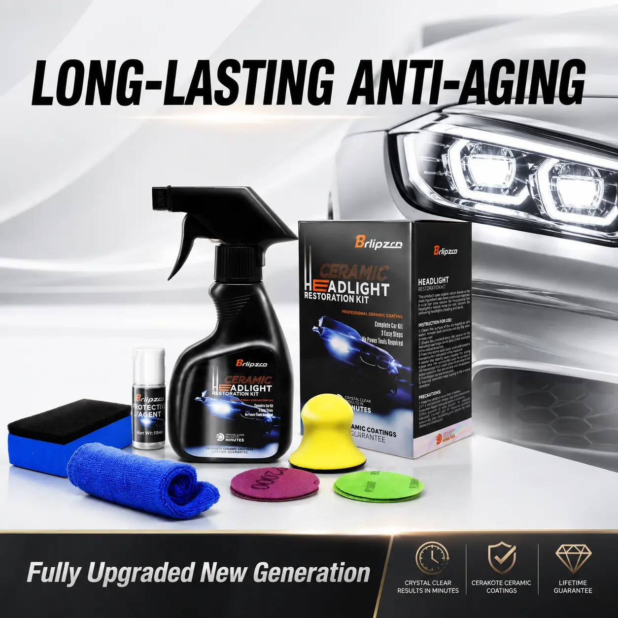 Brlipzrn Headlight Restoration Kit | Repair Yellowed, Foggy & Oxidized Car Headlights | Crystal Clear Coating Protection for Lens Restoration