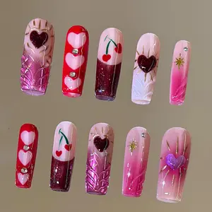 NailVesta CHERRY ROMANCE – 100% Handcrafted 3D Press-On Nails | Reusable, Long-Lasting, Salon-Quality