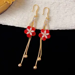 LisiZen French Retro Exquisite Fashion Micro-set Zircon Red Petal Tassel Earrings Stylish Versatile Long Slim Ear Hooks Earrings DZHE5004