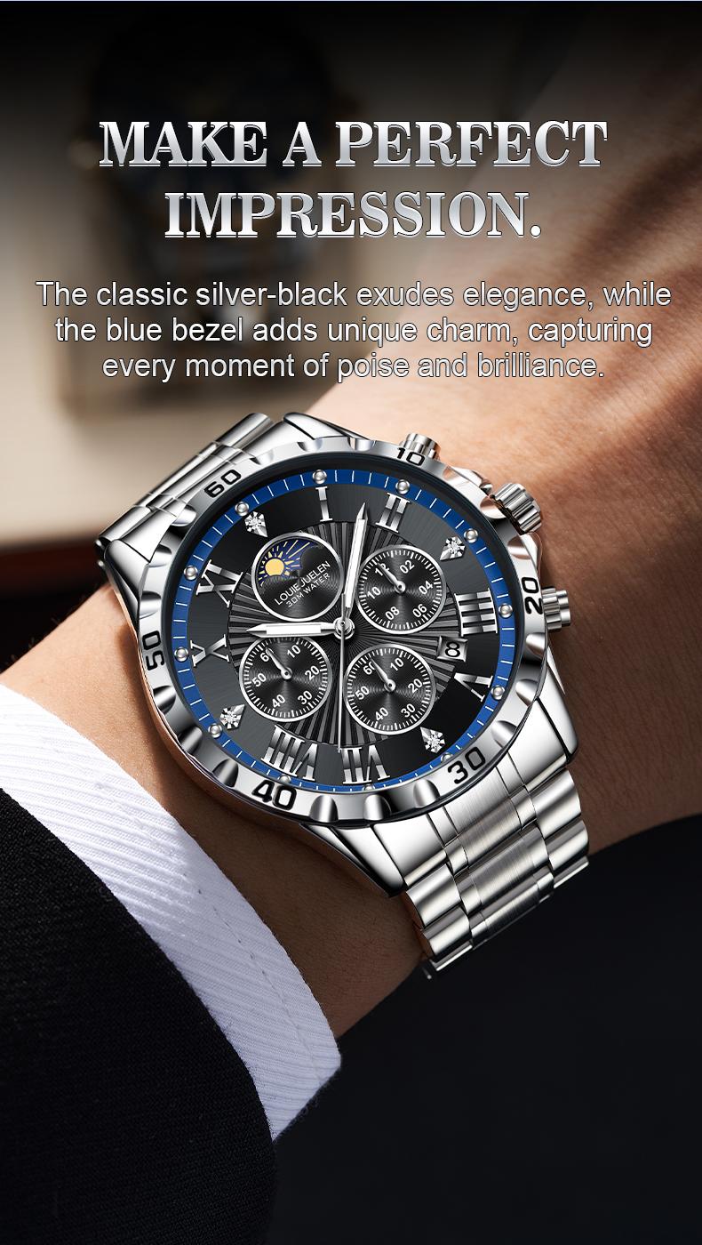 Men's Swiss Elegance Watch,LOUIEJUELEN Commander Series Men's Luxury Swiss Multi-Function Business Watch - Sapphire Crystal, Stainless Steel Bracelet, 42mm Dial, Waterproof, Shockproof, Luminous Display, Ideal for Business & Social Occasions