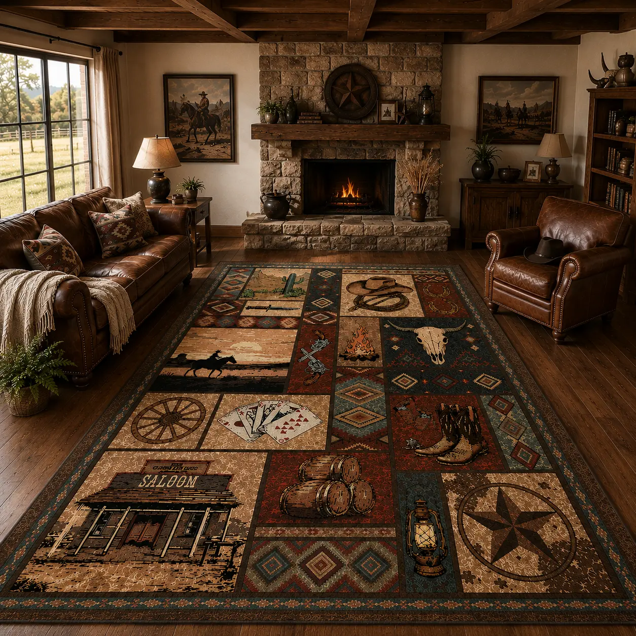 YIHOUSE Western Southwestern Area Rug, Machine Washable Rustic Cowboy Cabin Rug, Non-Slip Low Pile Vintage Wild West Decor Rug with Saloon, Cowboy Boots & Bull Skull Print for Living Room, Bedroom, Lodge Luxury