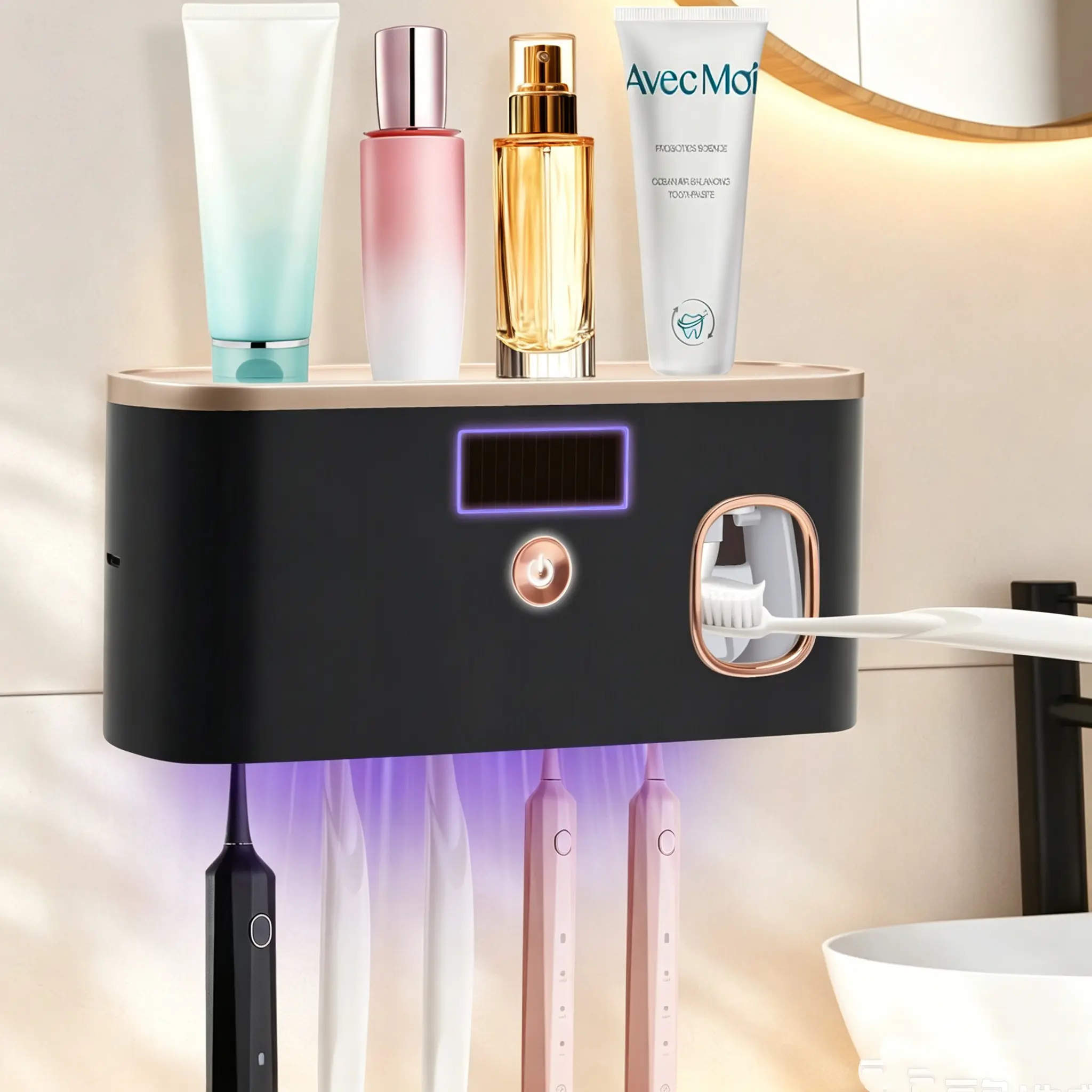 UV Toothbrush Holder Wall Mount with Toothpaste Dispenser, 5-Slot Bathroom Sanitizer for Electric & Manual Toothbrushes, Black Rose Gold