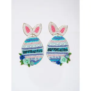 Chloe Happy Easter Floral Striped Egg Beaded Earrings