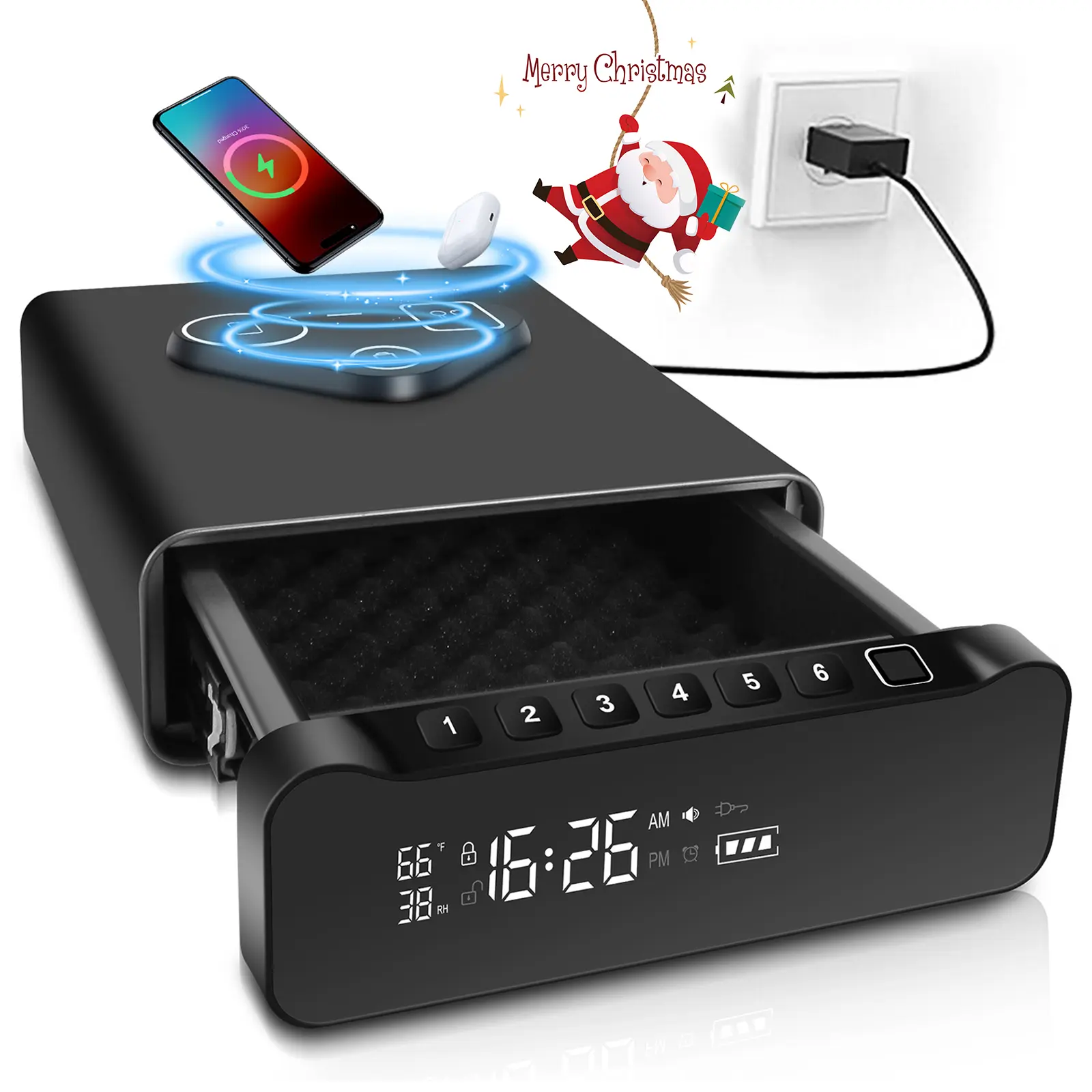 【SummerVibes】FTOP Biometric Fingerprint Gun Safe, Clock Handgun Safe with 3-in-1 Watch & Phone Wireless Charging, Drawer Lock, suitable for desktop storage of hand guns, Cash, Valuables- with Humidity Reader|Temperature| Alarm Clock| Screen, Home Security