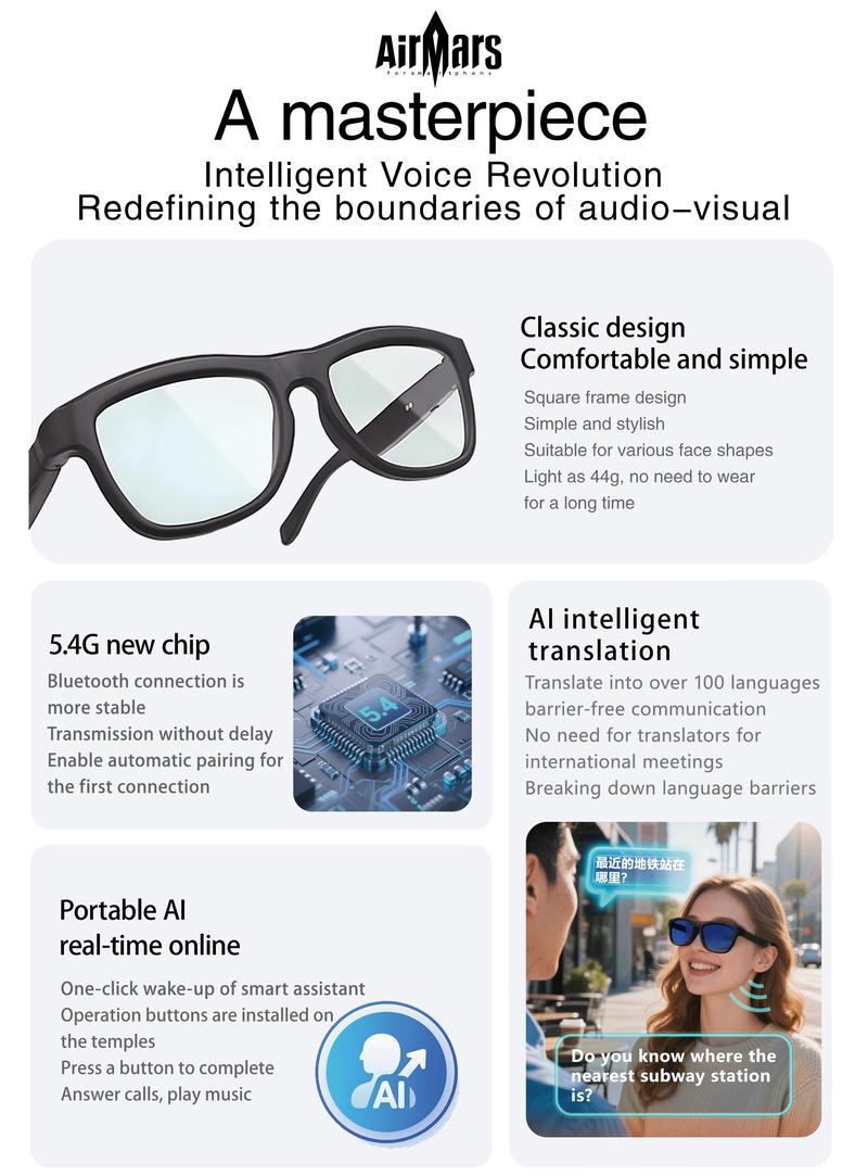 Airmars GV90AI Smart AI Translation Glasses with Bluetooth Headphones, Sliding Dimming & Color Changing Lenses, UV Protection, One-Touch Multi-function Control, Easy-to-Use Wearable