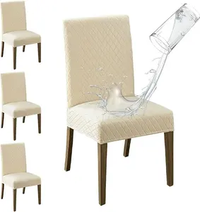Waterproof Dining Room Chair Covers Set of 4, Fit Stretch Jacquard Parson Chairs Slipcovers Removable Washable Chair Seat Protectors for Home, Kitchen, Banquet (Beige)