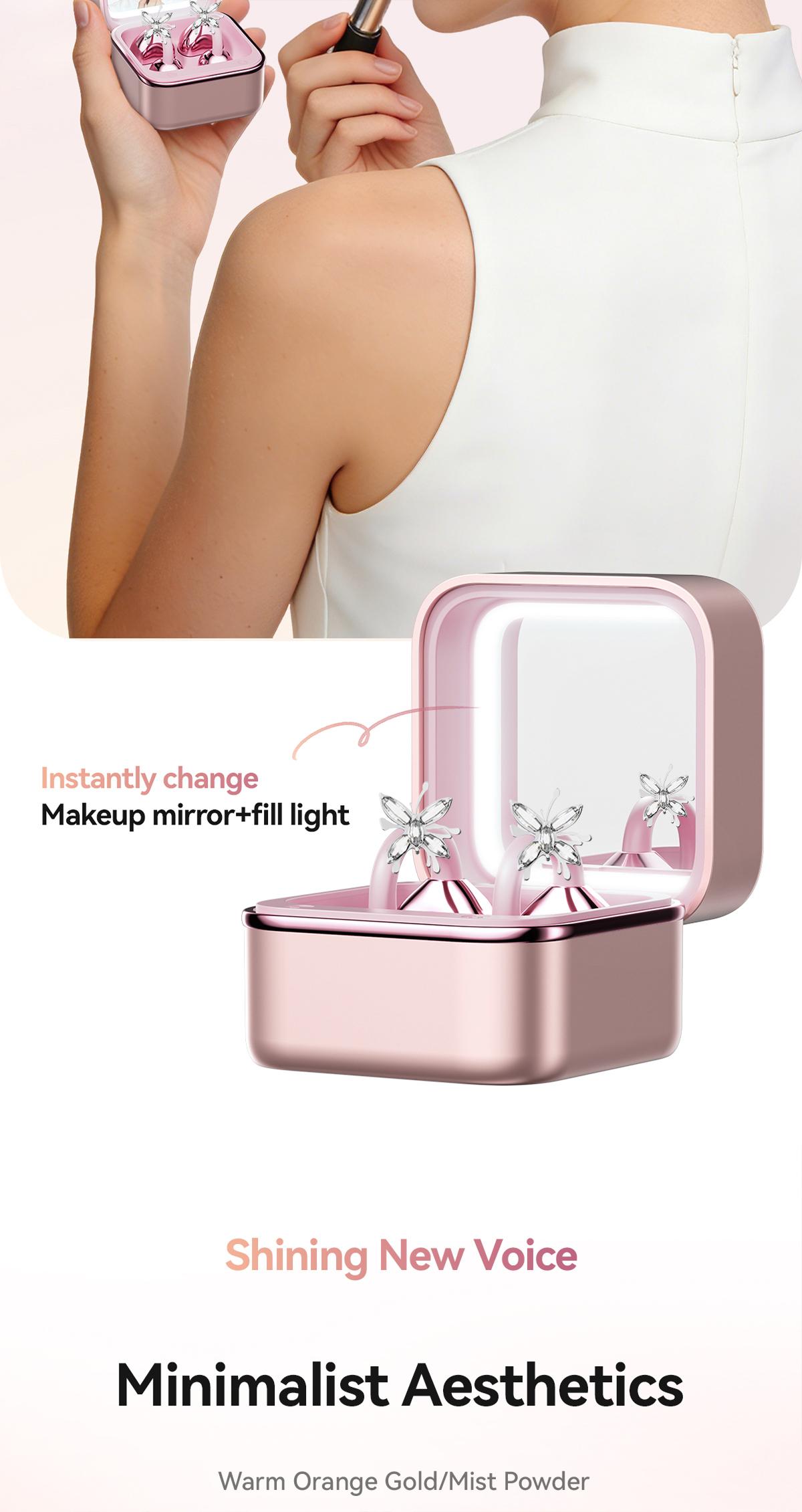 CHENRUIDA Mini Square Wireless Bluetooth Earphones  Features a built-in makeup mirror and fill light, portable makeup tool, 360° panoramic sound effect + active noise cancellation, soft silicone ear tips for comfortable wear, and extra-long battery life.