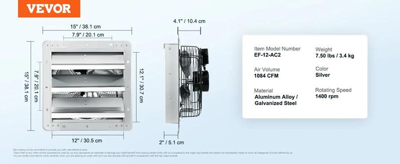VEVOR Shutter Exhaust Fan, 16'' with Temperature Humidity Controller, EC-motor, 2650 CFM, 10-Speed Adjustable Wall Mount Attic Fan, Ventilation and Cooling for Greenhouses, Garages, Sheds, ETL Listed  With or without a controller