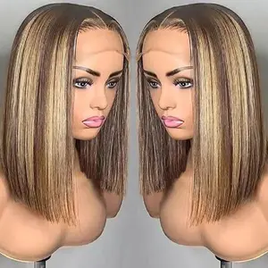 4/27 Highlights Bob Wigs Human Hair Wear and Go Glueless Ombre Highlight 13X4 HD Lace Short Bob Frontal Wigs Human Hair Pre Plucked with Baby Hair Transparent Honey Blonde Bob Wig Lace Frontal Wig