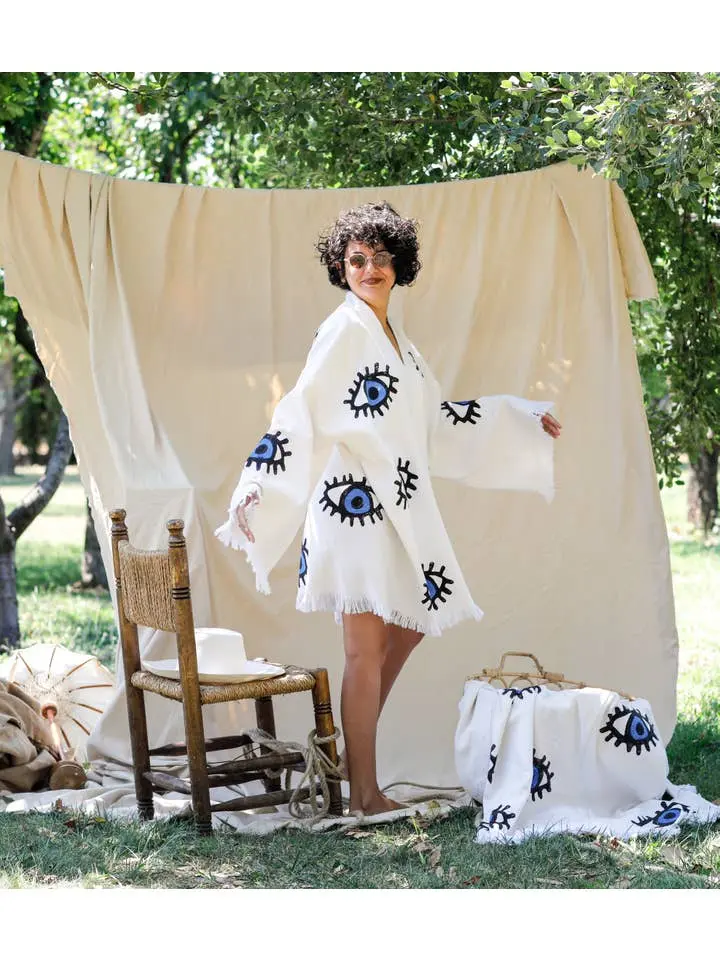 Women's 100% Cotton Breezy Hand-Printed Evil Eye Ethnic Pattern Greek Goddess-Inspired Lightweight Short Kaftan Kimono Robe, Beach Cover Up, One Size Casual Dress