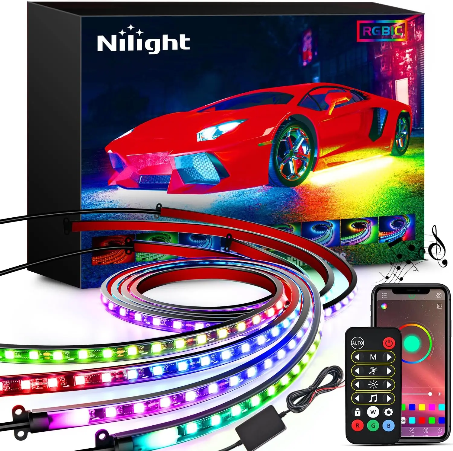 Nilight 4Pcs Adjustable RGBIC Bendable Underglow Neon Accent Strip Lights, 256-LED Multi-Color DIY Music Sync Sound-Active Mode, APP & Remote Control, Chase Car Interior Decor Lighting, Truck Mods