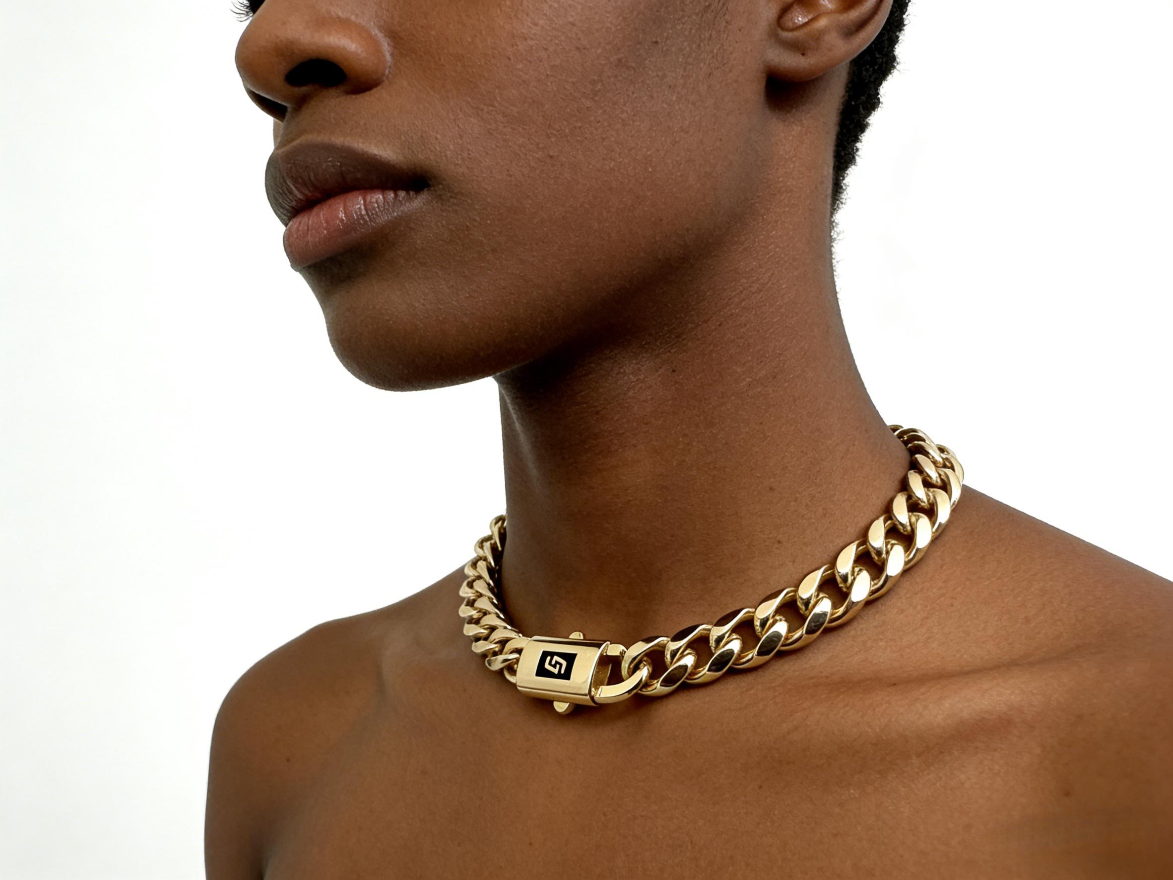 Jewelry Set 1pcs 14K Gold Vacuum Plated Stainless Steel With Copper Black "S" Ear Clasp Miami Cuban Link Chain 6-14mm Necklace Women & Men Luxury Jewelry, Daily Wear, Fashion, Gift, Chicano, Classic, Hip Hop, Simple, Sporty