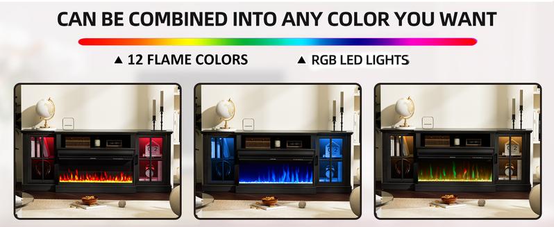 Spurgehom 3-Sided Fireplace TV Stand, 70" Farmhouse Highboy Entertainment Center with 34" Electric Fireplace & LED Lights - Media Console Table for Living Room, Fits TVs Up to 80 Inches