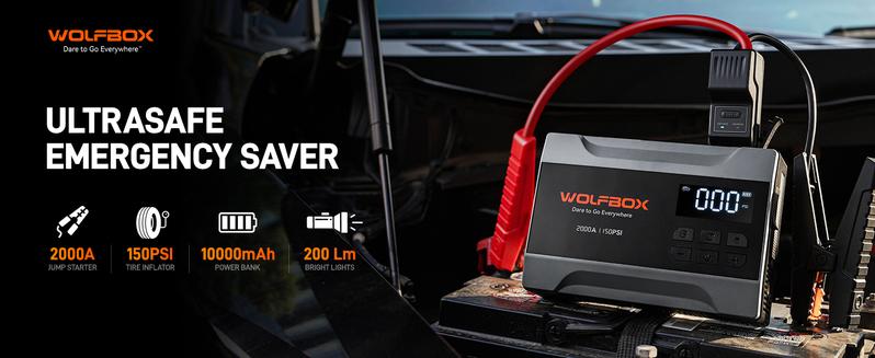 WOLFBOX Portable 2000A Jump Starter With Air Compressor 150PSI Tire Inflator LED HolidayHaul