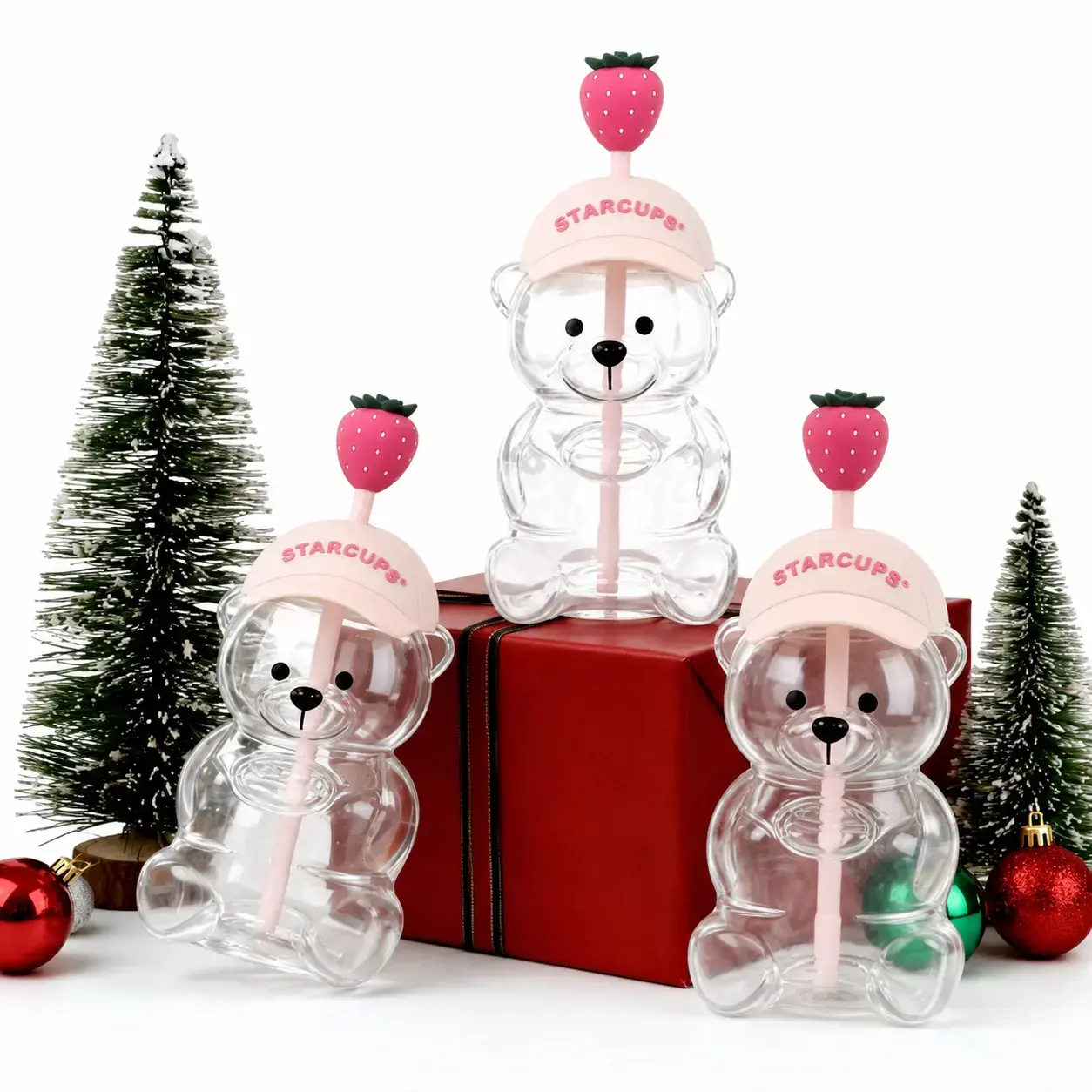 2026 New Cute Beaar Glass Tumbler with Bear Lid & Strawberry Straw, Holiday Teddy Bear Cup，20oz Reusable Aesthetic Teddy Bear Cup for Iced Coffee, Boba Milk Tea, Matcha, Juice, Smoothies & Cold Drinks, Dishwasher Safe