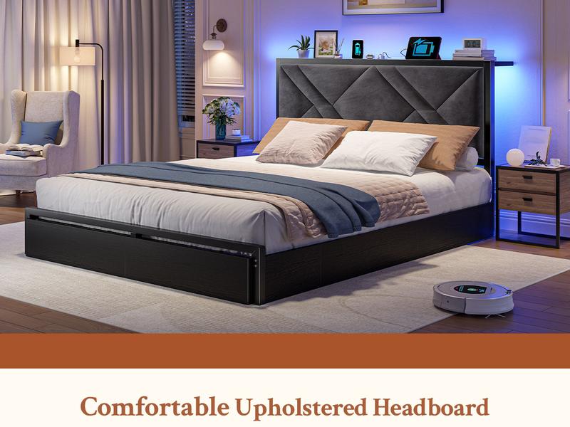 Raybee Luxury Bed Frame with 6 Storage Drawers,  LED Lights & Charging Station, Full Queen Platform Bed Frame with Upholstered Headboard & Shelf, No Noise, Holds 1000lbs, No Box Spring Needed,Easy Assembly, Black