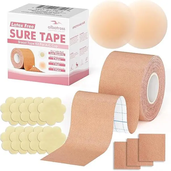 Albatross Health Sure Petals Breast Tape & Nipple Cover Kit – Lift Tape for A–C Cup, Includes 2" Tape Roll, Satin Petals, Silicone Covers & Skin Test
