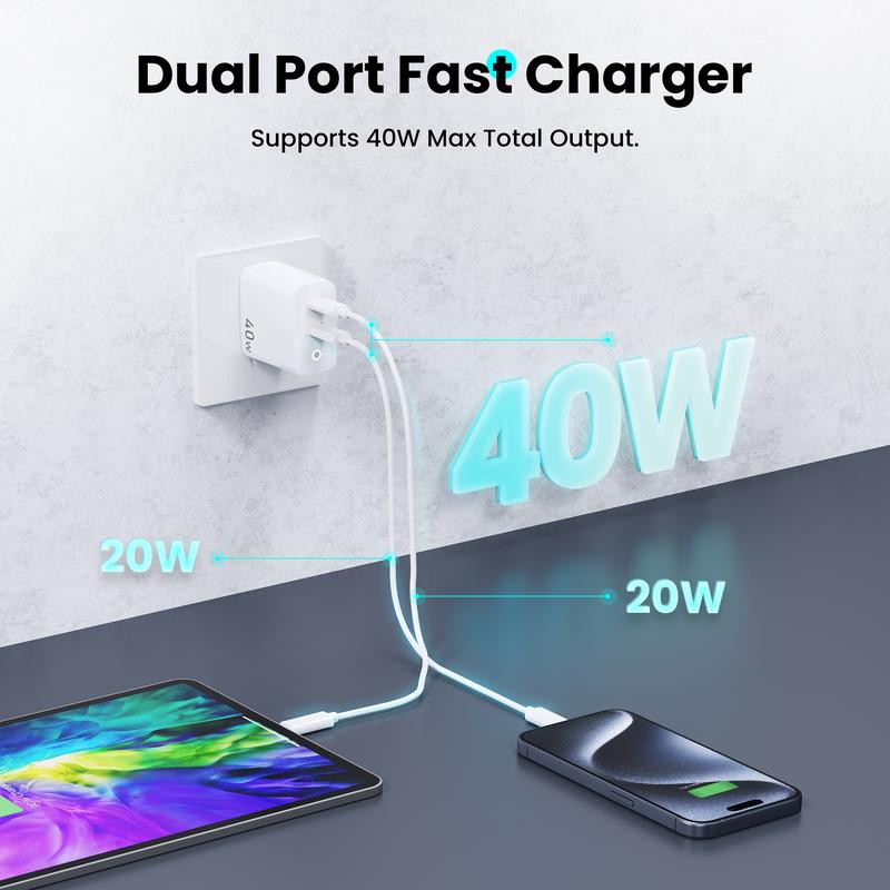 TOPADRE 2PC 40W USB-C PD Fast Charger with Charging Indicator Light, Dual-Port Portable Adapter, Compatible with iPhone 17/16, Samsung Series,