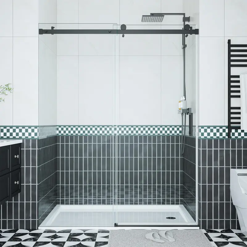 Matte Black Adjustable Frameless Sliding Bathroom Door - 44-48" W × 76" H, 5/16" (8mm) Easy-Clean Tempered Glass, Waterproof Leak Prevention Design with Stainless Steel Handle and Seal Strip