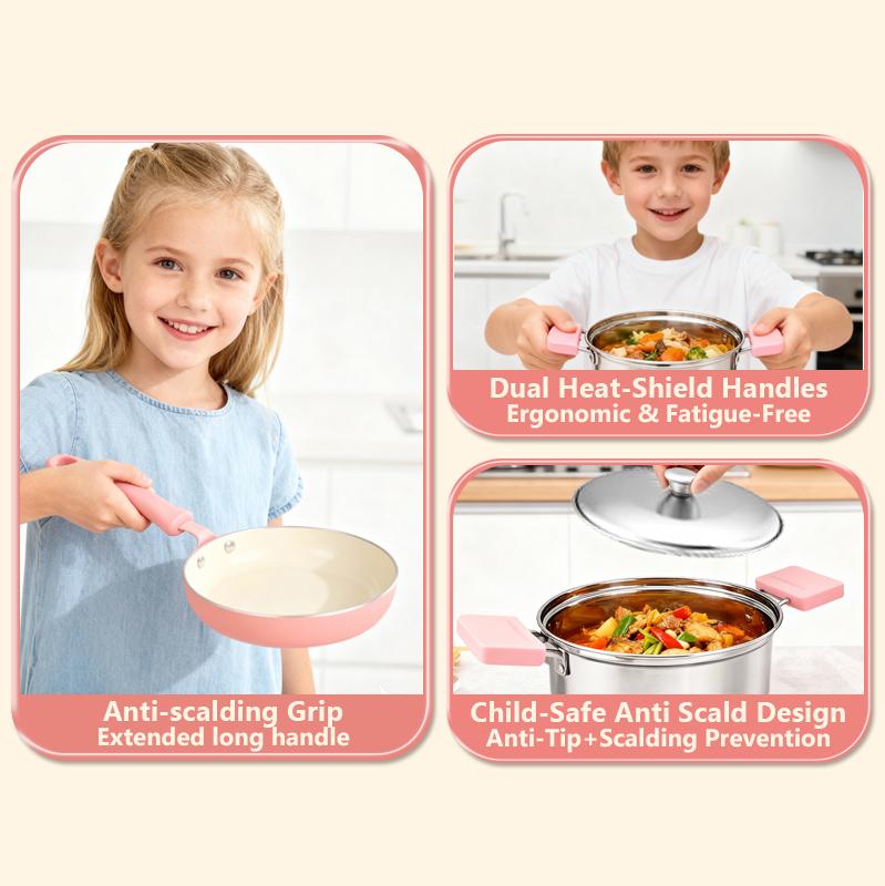 Children's Cooking Set - Safe Mini Kitchen with Induction Cooker, 14-Piece Dishware, Utensils, & Anti-Scald Rack for Toddlers, Montessori-Inspired Toy for Girls & Boys Ages 8-12