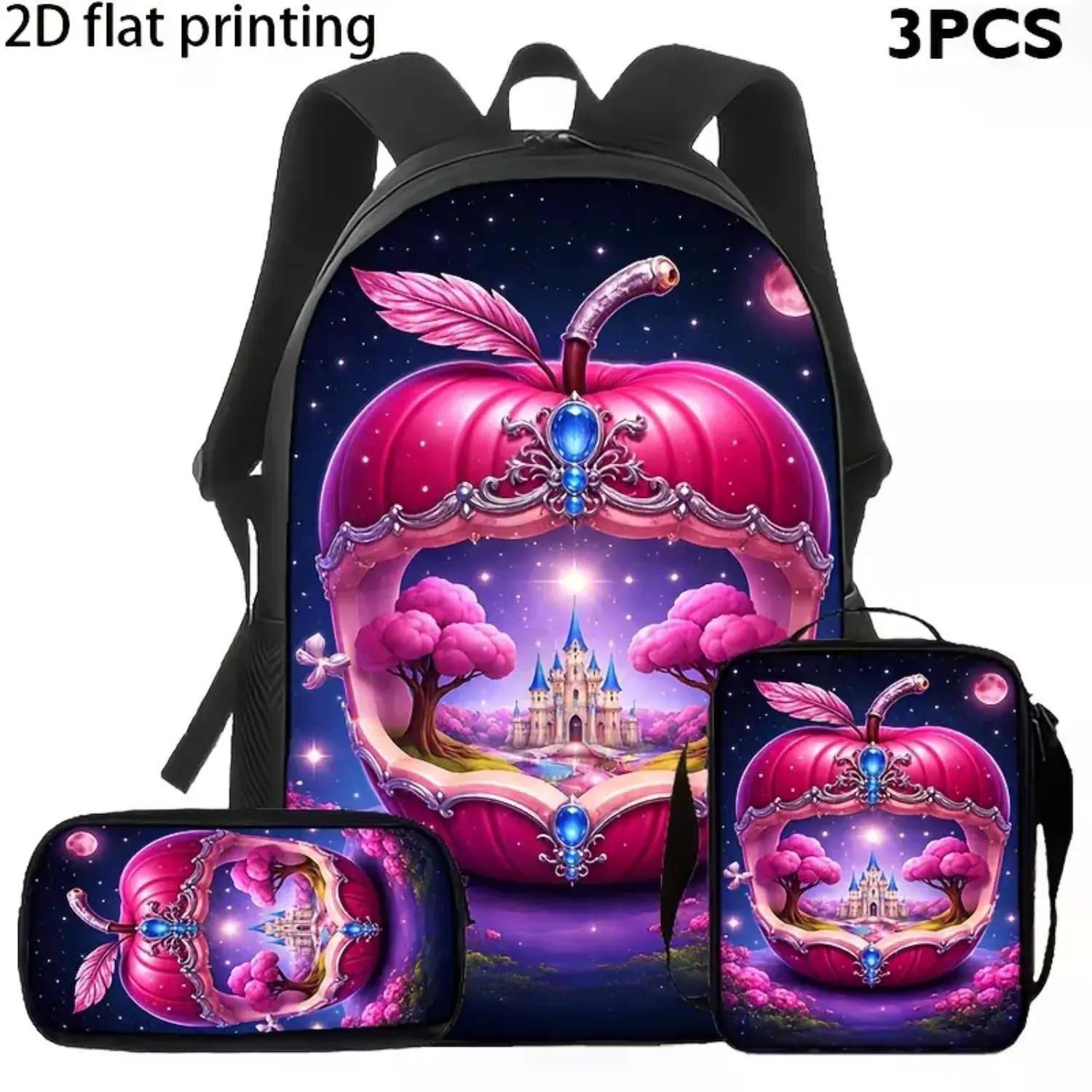 Enchanted Castle Pink Fairy Tale Backpack Set: 3-Piece School Bookbag with Matching Lunch Bag and Pencil Case, Perfect Princess Fantasy Gift for Kids and Teens