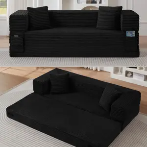78‘’Convertible Sofa Bed, Oversized Boneless Couch with High Arms, Deep Seat Corduroy Sleeper Sofa, Folding Floor Couch with Side Pockets, No Assembly Cloud Lounge for Living Room (Black)