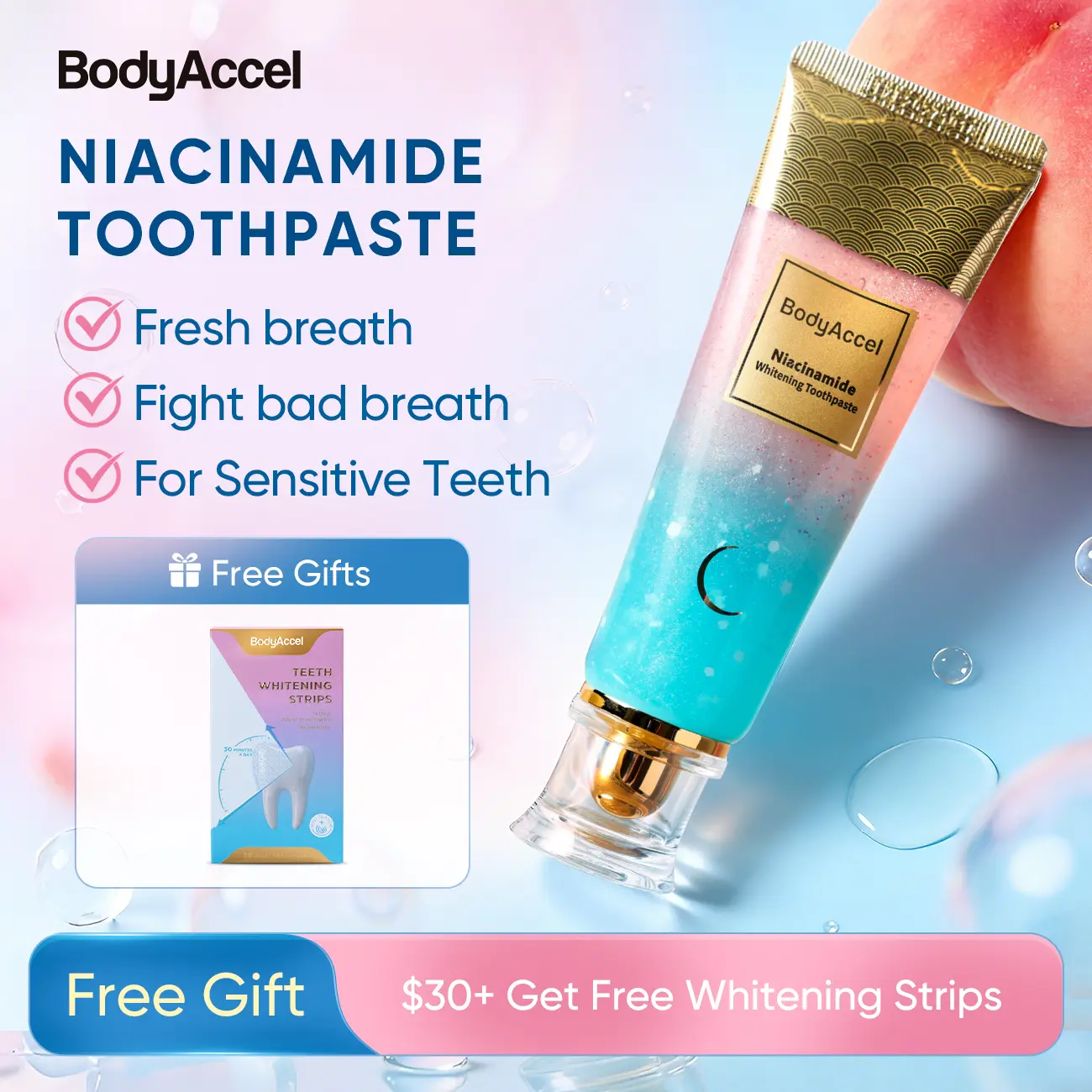 【K】BodyAccel Triple Whitening Niacinamide Toothpaste -  Breath Fresh & Natural Peach Flavor - Eco-Friendly & Fluoride-Free - 100g Tube - Oral Care for Sensitive Teeth