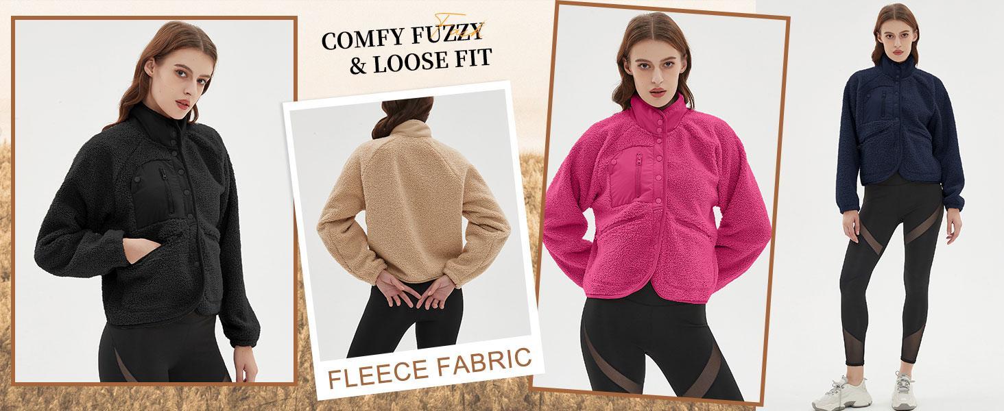 Tanming Women's  Button Down Fleece Jacket Fuzzy Sherpa Patchwork Bomber Jackets Shacket Teddy Coat Outerwear