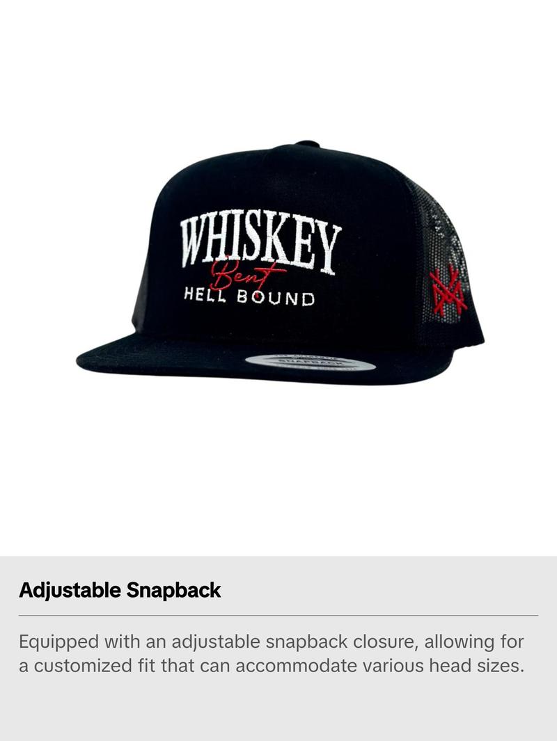 Whiskey Bent Hell Bound Embroidered Trucker Hat Snapback Adjustable (Up To Size 8 Head)
