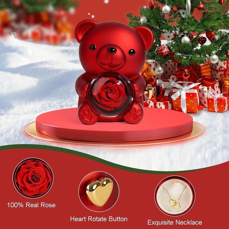 【Necklace Included】Cute Teddy Bear with Preserved Rose -A Real Rose Flowerin Bear with Elegant Gift Box -Romantic Gift for Her in Mother's Day, Weddings, Anniversaries, and Bridal Showers,Christmas and Valentine's Day gifts