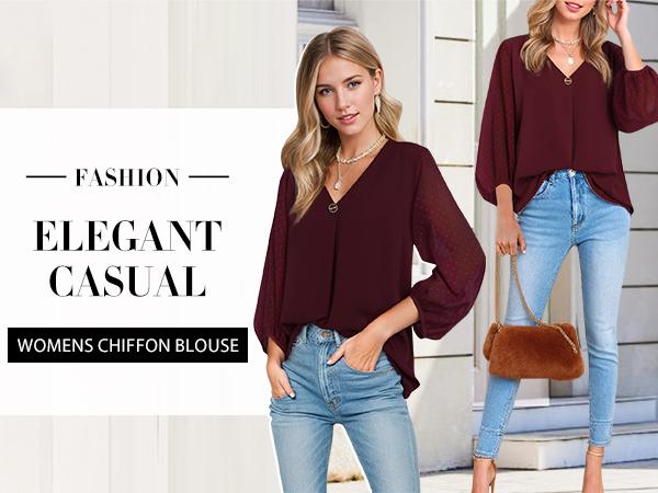 ZEAGOO Womens 3/4 Sleeve Tops See Through Chiffon Elbow Sleeve Tops Polka Dot Bohemian Blouses Dressy Casual