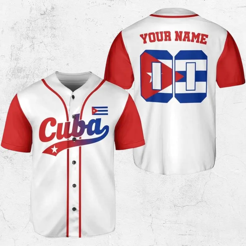 Personalized Cuba Baseball Jersey, Custom Name & Number Button Up Shirt, Cuban Flag 00 Back, White Red Sleeves Fan Gift, for Men Women