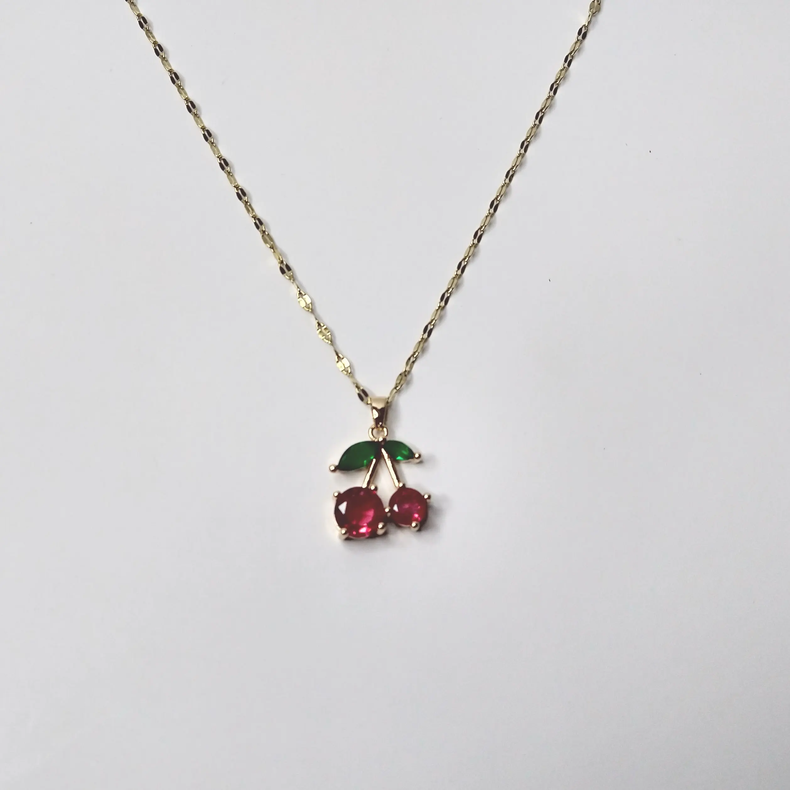 #230 Cherry with Rhinestones Necklace 15.3 inch with 2.3 inch extender, Casual Everyday Summer Fruit Food Jewelry, Cute, Alloy, Women, girly accessories