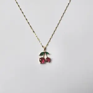 #230 Cherry with Rhinestones Necklace 15.3 inch with 2.3 inch extender, Casual Everyday Summer Fruit Food Jewelry, Cute, Alloy, Women, girly accessories