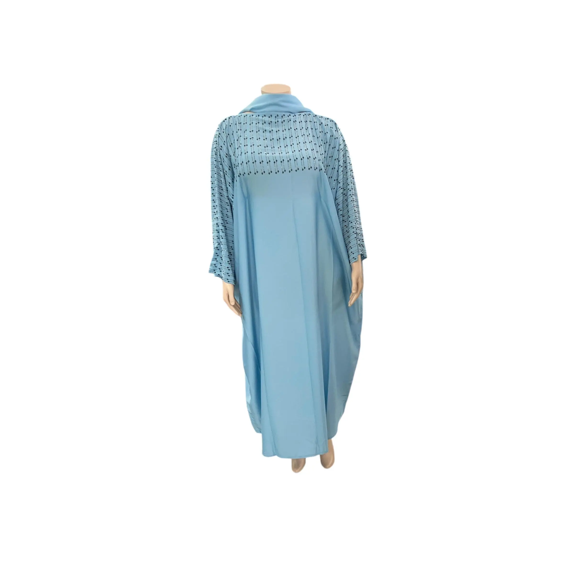 Silky Abaya with Inner Belt & Matching Scarf - Long Sleeve All Seasons Design with Gem Embellishments