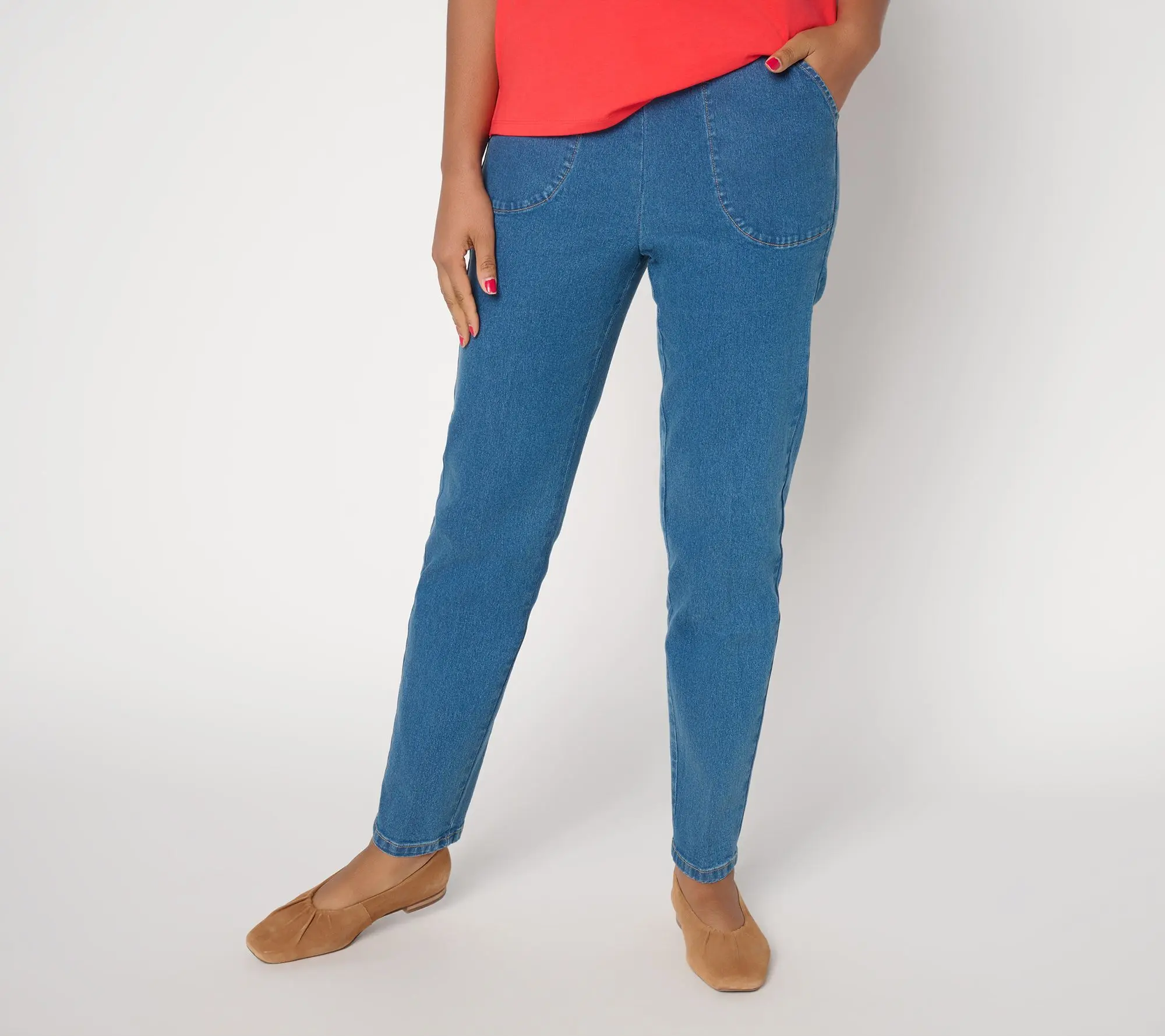 Denim & Co Petite Indigo Flat Front Side Pocket Pants w/ Front Crease