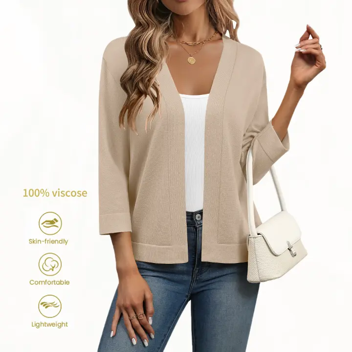 Women's 3/4 Sleeve Open Front Cropped Knit Cardigan Sweater Casual Bolero Shrugs for Dresses Summer Outfits Minimalist 2026 lightweight Breathable Clothes for Casual Office Summer Layering Cover Up Women's Tops