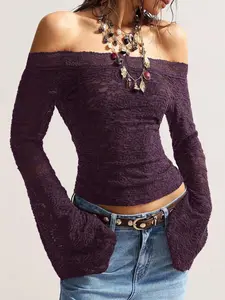 FENGDUANx Bohemela Boho Vintage Casual Solid Color Knit Lace Off Shoulder Flare Sleeve Fitted Women Top