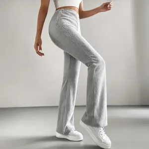 Women's Fall Winter Ribbed Flare Pants High Waist Casual Bell Bottom Trousers