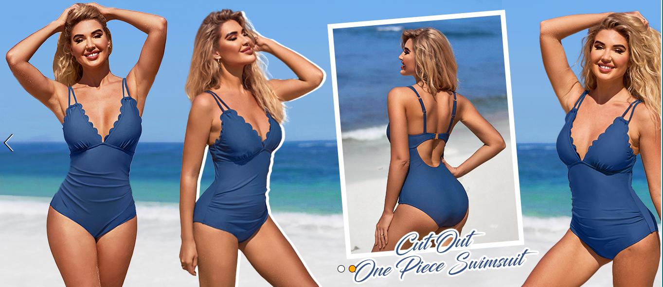 Charmo Beach Scalloped One Piece Swimsuit Women 1 Piece Ruched Tummy Control Bathing Suit V Neck Cut Out Monokini Swimwear Women's One-Piece Women's Ribbed