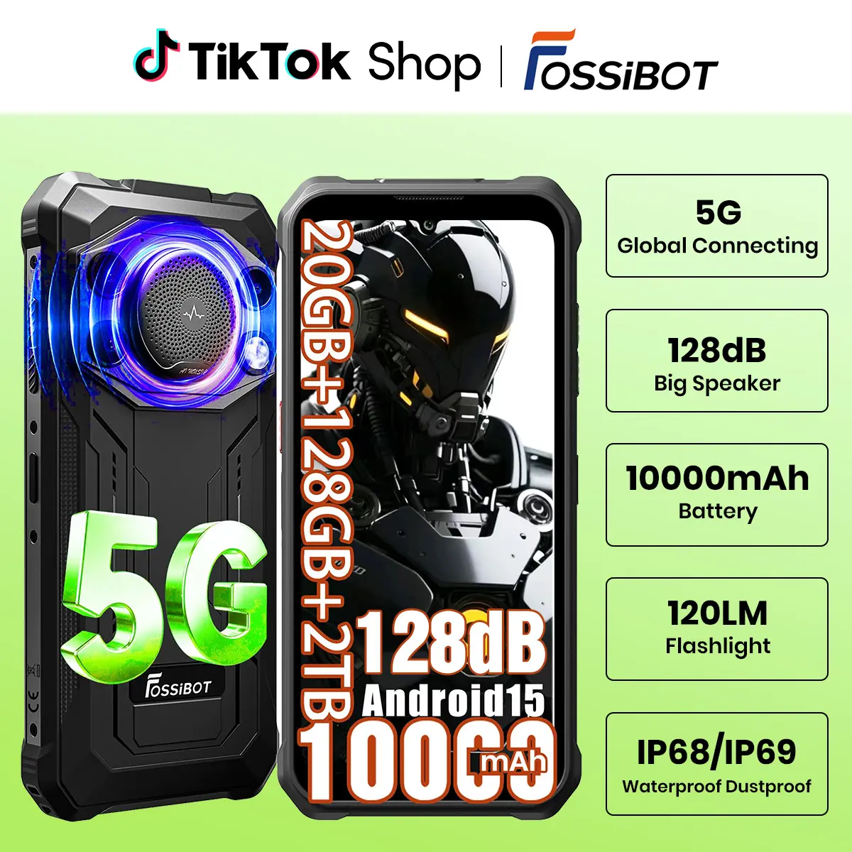FOSSIBOT F110 Pro Rugged Smartphone Unlocked 5G Android 15, 128dB Loudest Speaker 20GB+128GB /2TB 10000mAH, 6.7'' HD Display 50MP Rear Camera, IP68/69K Waterproof, NFC/Dual SIM/Widevine L1,back to school,back to school haul