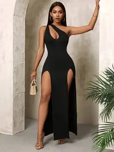 Elegant Solid Color Hollow-Out Asymmetrical Neckline Thigh-High Slit Sleeveless Dress for Summer