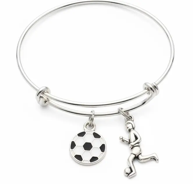 Soccer Girl Charm Bracelet, I Love Soccer Bangle with Player Charm, Adjustable Silver Sports Jewelry Gift